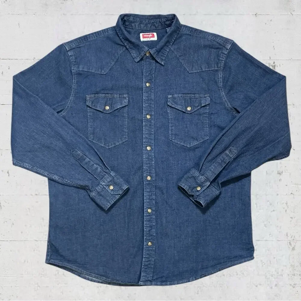 Wrangler Men's Classic Fit Denim Western Pearl Snap Shirt XL Blue Work Cowboy